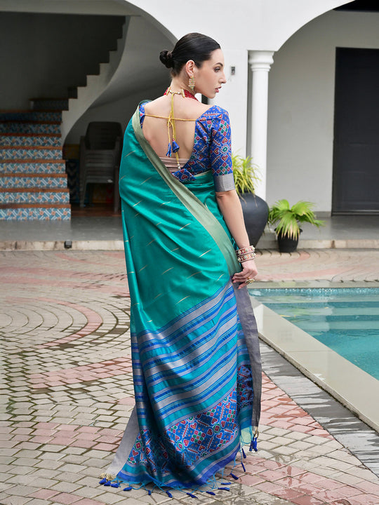 Rama Raw Silk Patola Saree With Blouse Piece