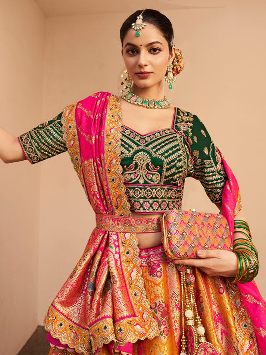 MULTICOLOR BANARASI SILK WITH ZARKAN CODDING WORK  LEHENGA CHOLI