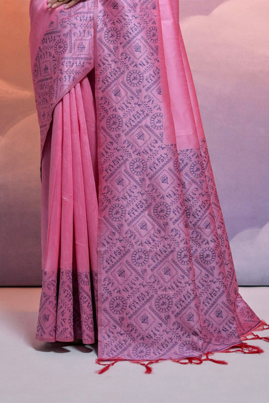 Pink Silk Blend Saree With Blouse Piece
