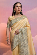 Cream Silk Blend Saree With Blouse Piece