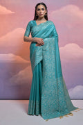 Teal Silk Blend Saree With Blouse Piece