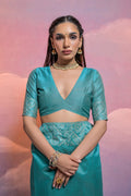 Teal Silk Blend Saree With Blouse Piece