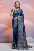 Navy Blue Silk Blend Saree With Blouse Piece
