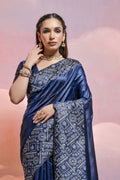 Navy Blue Silk Blend Saree With Blouse Piece