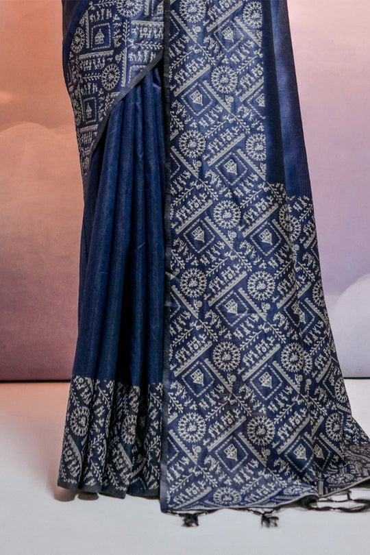 Navy Blue Silk Blend Saree With Blouse Piece