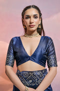 Navy Blue Silk Blend Saree With Blouse Piece