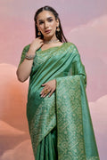 Green Silk Blend Saree With Blouse Piece