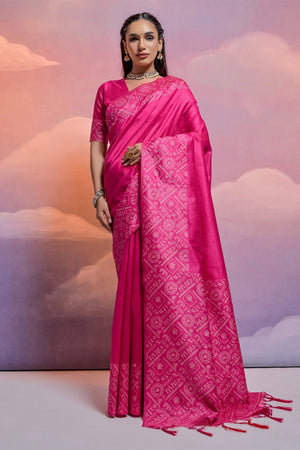 Pink Silk Blend Saree With Blouse Piece