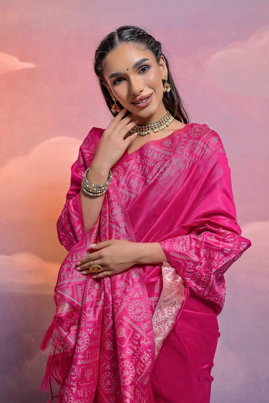 Pink Silk Blend Saree With Blouse Piece