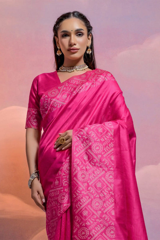 Pink Silk Blend Saree With Blouse Piece