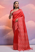 Red Silk Blend Saree With Blouse Piece