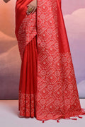 Red Silk Blend Saree With Blouse Piece