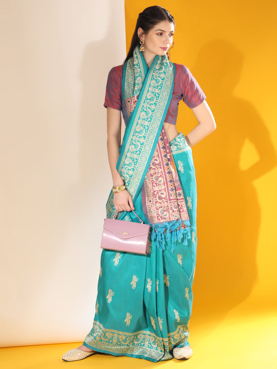 Firozi Soft Raw Silk Two Tone Weaving Saree With Antique Design With Exclusive Contrast Woven Pallu And Contrast Blouse Piece