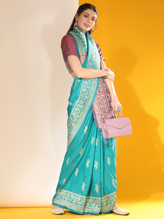 Firozi Soft Raw Silk Two Tone Weaving Saree With Antique Design With Exclusive Contrast Woven Pallu And Contrast Blouse Piece