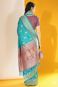 Firozi Soft Raw Silk Two Tone Weaving Saree With Antique Design With Exclusive Contrast Woven Pallu And Contrast Blouse Piece