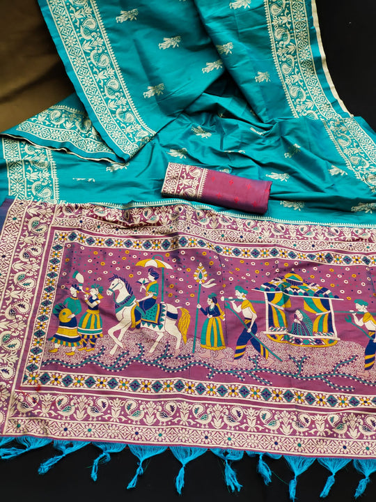 Firozi Soft Raw Silk Two Tone Weaving Saree With Antique Design With Exclusive Contrast Woven Pallu And Contrast Blouse Piece