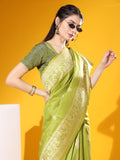 Lime Green Soft Raw Silk Two Tone Weaving Saree With Antique Design With Exclusive Contrast Woven Pallu And Contrast Blouse Piece