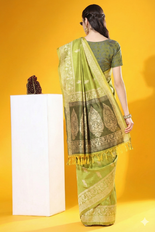 Lime Green Soft Raw Silk Two Tone Weaving Saree With Antique Design With Exclusive Contrast Woven Pallu And Contrast Blouse Piece