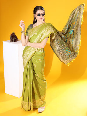Lime Green Soft Raw Silk Two Tone Weaving Saree With Antique Design With Exclusive Contrast Woven Pallu And Contrast Blouse Piece