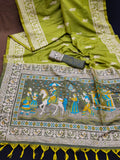 Lime Green Soft Raw Silk Two Tone Weaving Saree With Antique Design With Exclusive Contrast Woven Pallu And Contrast Blouse Piece