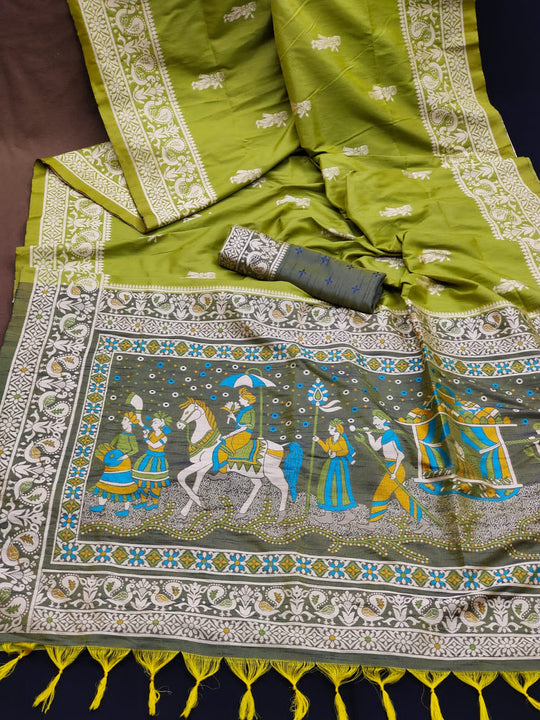 Lime Green Soft Raw Silk Two Tone Weaving Saree With Antique Design With Exclusive Contrast Woven Pallu And Contrast Blouse Piece