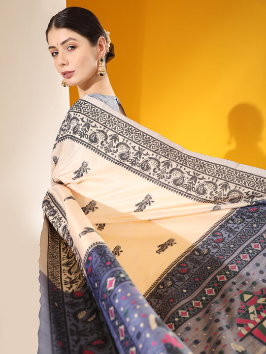 Cream Soft Raw Silk Two Tone Weaving Saree With Antique Design With Exclusive Contrast Woven Pallu And Contrast Blouse Piece