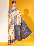 Cream Soft Raw Silk Two Tone Weaving Saree With Antique Design With Exclusive Contrast Woven Pallu And Contrast Blouse Piece