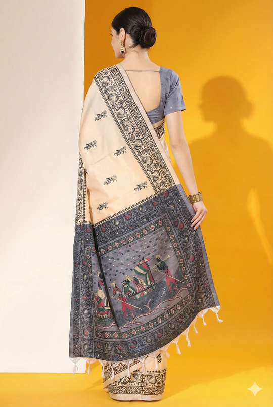 Cream Soft Raw Silk Two Tone Weaving Saree With Antique Design With Exclusive Contrast Woven Pallu And Contrast Blouse Piece