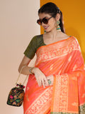 Orange Soft Raw Silk Two Tone Weaving Saree With Antique Design With Exclusive Contrast Woven Pallu And Contrast Blouse Piece