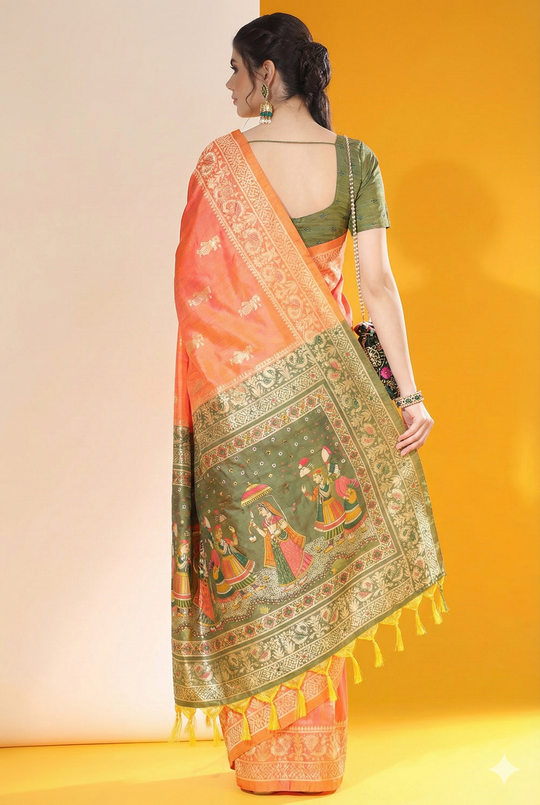 Orange Soft Raw Silk Two Tone Weaving Saree With Antique Design With Exclusive Contrast Woven Pallu And Contrast Blouse Piece