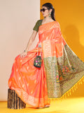 Orange Soft Raw Silk Two Tone Weaving Saree With Antique Design With Exclusive Contrast Woven Pallu And Contrast Blouse Piece