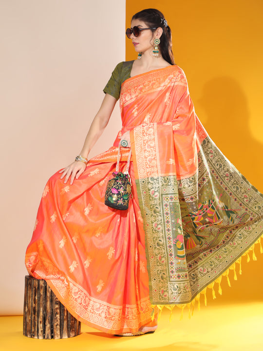 Orange Soft Raw Silk Two Tone Weaving Saree With Antique Design With Exclusive Contrast Woven Pallu And Contrast Blouse Piece
