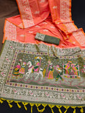Orange Soft Raw Silk Two Tone Weaving Saree With Antique Design With Exclusive Contrast Woven Pallu And Contrast Blouse Piece