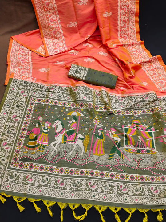 Orange Soft Raw Silk Two Tone Weaving Saree With Antique Design With Exclusive Contrast Woven Pallu And Contrast Blouse Piece