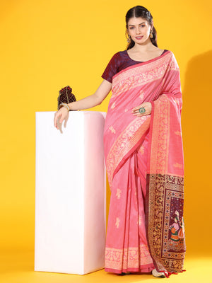 Pink Soft Raw Silk Two Tone Weaving Saree With Antique Design With Exclusive Contrast Woven Pallu And Contrast Blouse Piece