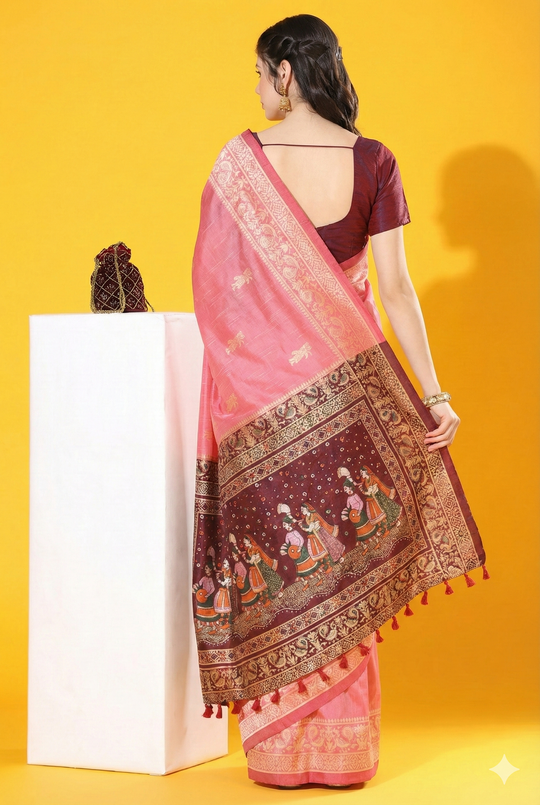 Pink Soft Raw Silk Two Tone Weaving Saree With Antique Design With Exclusive Contrast Woven Pallu And Contrast Blouse Piece