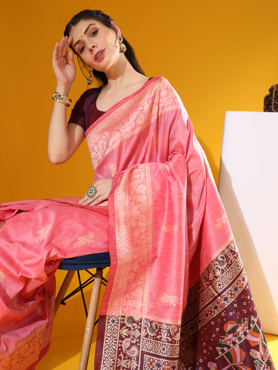 Pink Soft Raw Silk Two Tone Weaving Saree With Antique Design With Exclusive Contrast Woven Pallu And Contrast Blouse Piece