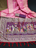 Pink Soft Raw Silk Two Tone Weaving Saree With Antique Design With Exclusive Contrast Woven Pallu And Contrast Blouse Piece