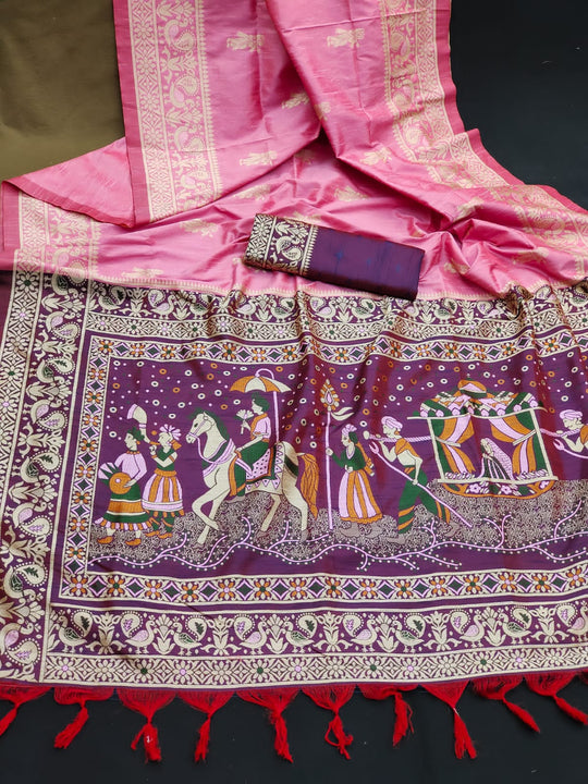 Pink Soft Raw Silk Two Tone Weaving Saree With Antique Design With Exclusive Contrast Woven Pallu And Contrast Blouse Piece