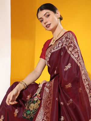 Maroon Soft Raw Silk Two Tone Weaving Saree With Antique Design With Exclusive Contrast Woven Pallu And Contrast Blouse Piece