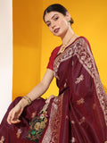 Maroon Soft Raw Silk Two Tone Weaving Saree With Antique Design With Exclusive Contrast Woven Pallu And Contrast Blouse Piece
