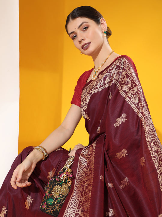 Maroon Soft Raw Silk Two Tone Weaving Saree With Antique Design With Exclusive Contrast Woven Pallu And Contrast Blouse Piece