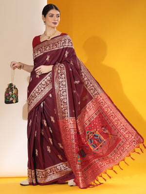 Maroon Soft Raw Silk Two Tone Weaving Saree With Antique Design With Exclusive Contrast Woven Pallu And Contrast Blouse Piece