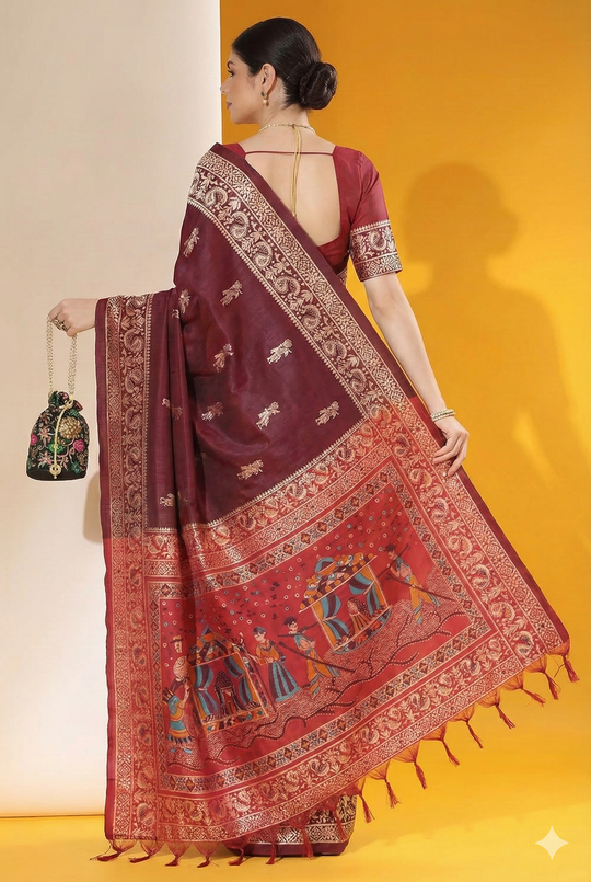 Maroon Soft Raw Silk Two Tone Weaving Saree With Antique Design With Exclusive Contrast Woven Pallu And Contrast Blouse Piece