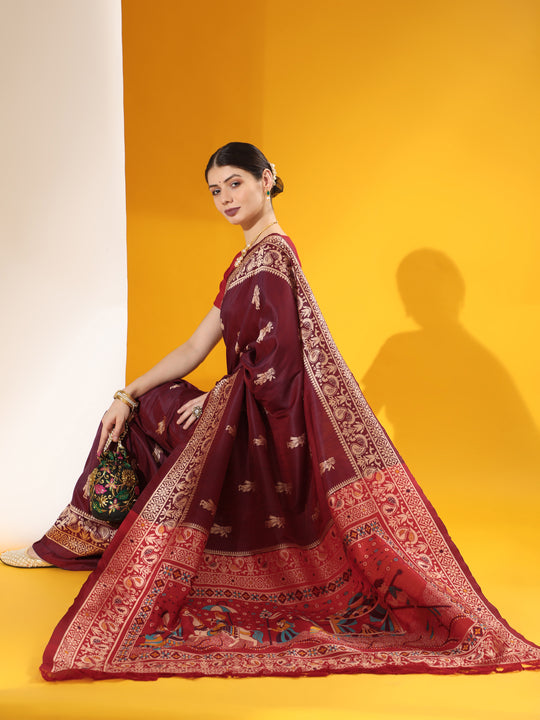 Maroon Soft Raw Silk Two Tone Weaving Saree With Antique Design With Exclusive Contrast Woven Pallu And Contrast Blouse Piece