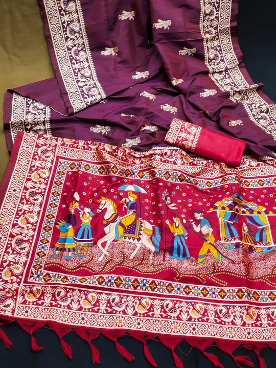 Maroon Soft Raw Silk Two Tone Weaving Saree With Antique Design With Exclusive Contrast Woven Pallu And Contrast Blouse Piece