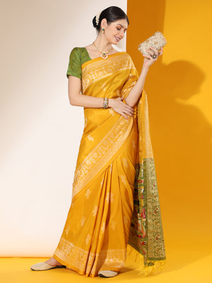 Yellow Soft Raw Silk Two Tone Weaving Saree With Antique Design With Exclusive Contrast Woven Pallu And Contrast Blouse Piece