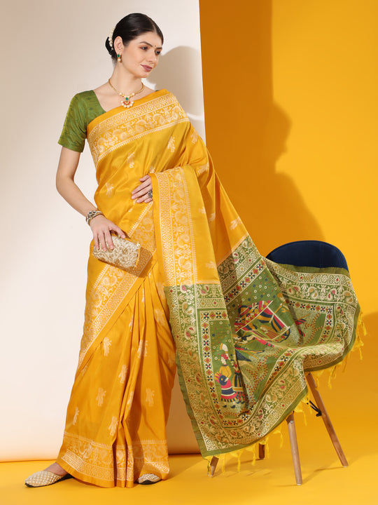 Yellow Soft Raw Silk Two Tone Weaving Saree With Antique Design With Exclusive Contrast Woven Pallu And Contrast Blouse Piece