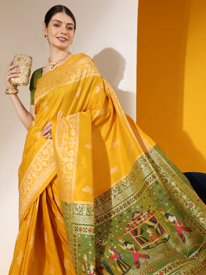 Yellow Soft Raw Silk Two Tone Weaving Saree With Antique Design With Exclusive Contrast Woven Pallu And Contrast Blouse Piece