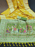 Yellow Soft Raw Silk Two Tone Weaving Saree With Antique Design With Exclusive Contrast Woven Pallu And Contrast Blouse Piece
